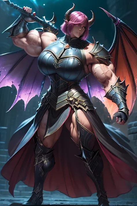 ((Massive beautiful, buff, light brown skinned muscular dark paladin woman with shocking pink hair, giant demon wings, black lipstick, ginormous bulky muscles, carrying a giant sword and wearing full black demonic paladin knight armored with a long tiered ...