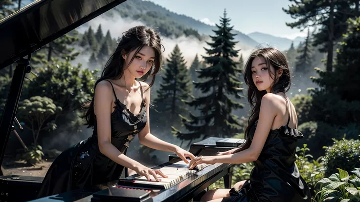 High resolution, (masterpiece:1.4), Very detailed, ,Spectacular, Above the Clouds、24 year old girl, (((Playing the piano)))、(((Black torn dress)))、Serious expression、in the forest、In the fog、In the Dark、Black Hair