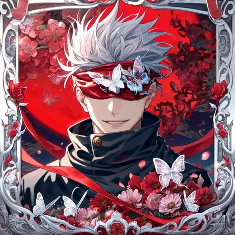 absurdres, highres, ultra detailed, HDR, master piece, extremely detailed, Gojou Satoru, white hair, blindfolded eyes, Jujutsu Kaisen, sexy man, handsome, best quality, red moon, flowers, fantasy, magical, solo, red water, red shining fireflies, red petals...