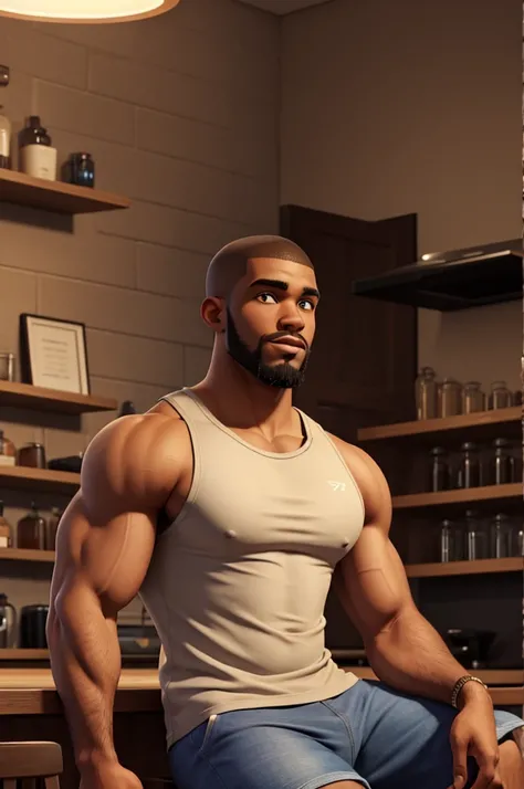 a hot black male, savon jackson, well-trimmed beard, dark skin, buzzcut, early 20s, sitting on bar stool in modern kitchen, beefy body, big juicy jiggly pecs, extremely detailed, realistic, photorealistic, 8k, high quality, cinematic lighting, dramatic sha...