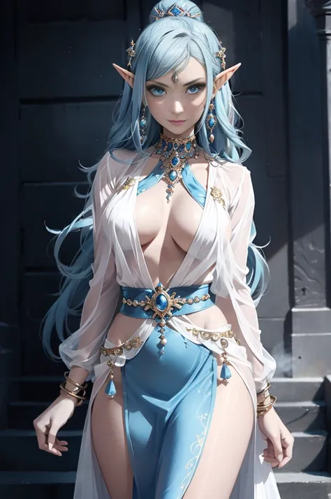 (Masterpiece, best quality, official art, 8K, high resolution), HD image, ultra-detailed, a cartoon image of a Sky Blue Skinned female Djinn with blue hair and blue eyes, a chain around her neck, Human Hybrid Djinn, (((((Her sky blue skin))))), skin genie ...