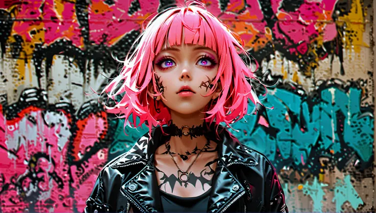 From below、Playing the guitar、Performance、Black Hair、Bobcut、blunt bangs、Step Piece, Best Quality, Best Illustration, Ultra-detailed,girl, pinkrose long hair, crazy baddie girl, Cool Black Open Short Jacket, neck tattoo, Messy Fade Cut Hair, Side braided ha...