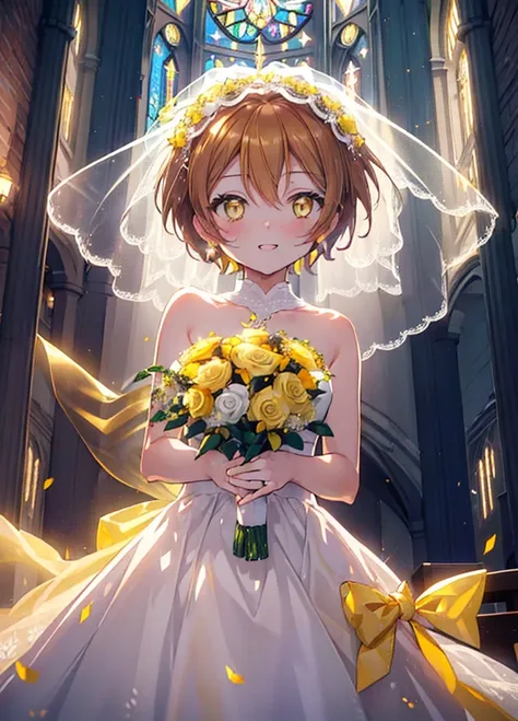 rin hoshizora (yellow eyes:1.5), hair between the eyes, brown hair,short hair,blush,happy smile, smile, open your mouth,wedding ...