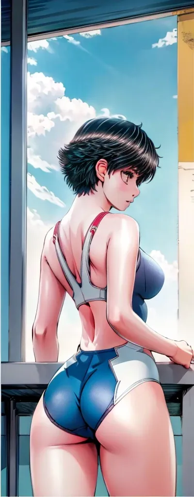 A boyish, short-haired, busty, beautiful-legged woman is standing by the pool in a competitive swimsuit with her legs spread to the sides.。From behind and below。