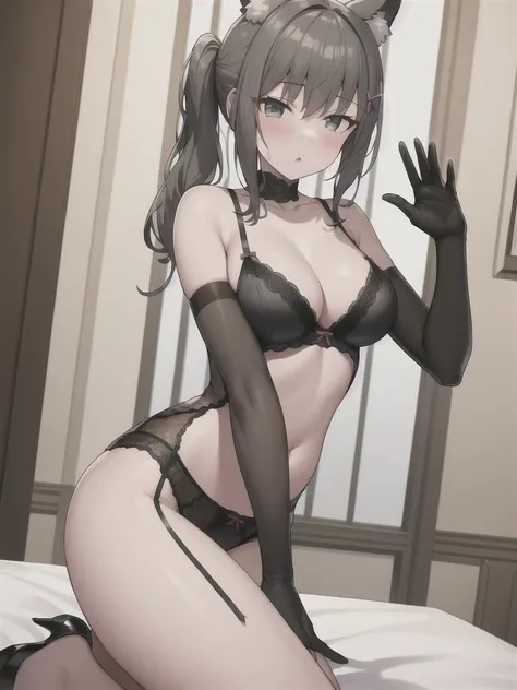 (in hotel, masterpiece, best quality:1.2), 1girl, baby, , animal ear, ponytail, waving hair, (estrus, sweet temptation, lingerie), ((gray elbow gloves))