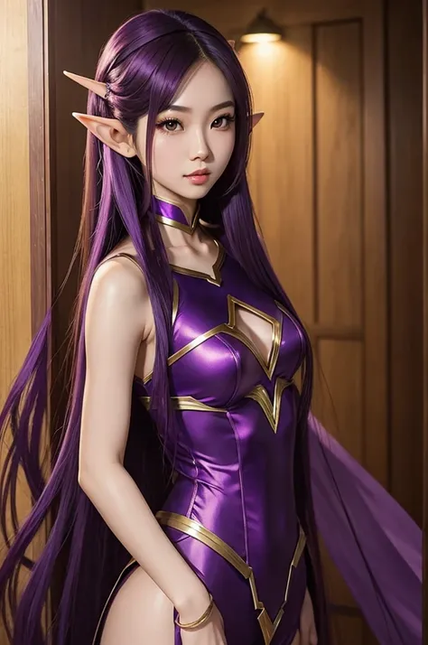 Long Purple hair, Vietnamese, beautiful 23 year old woman, very attractive, brown eyes, elf ears, very cute, thin athletic body, wearing superhero costume, in magical realm