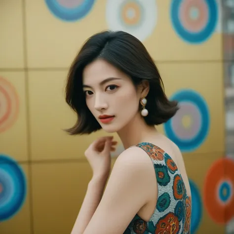 Close up portrait of a gorgeous young beautiful face Korean girls, still from the film, ((solo)), (Anne Hathaway look alike face: 0.9), in a vintage retro 60s print dress, in a vintage retro 60s print dress, wearing high heels, posing in front of a pretty ...