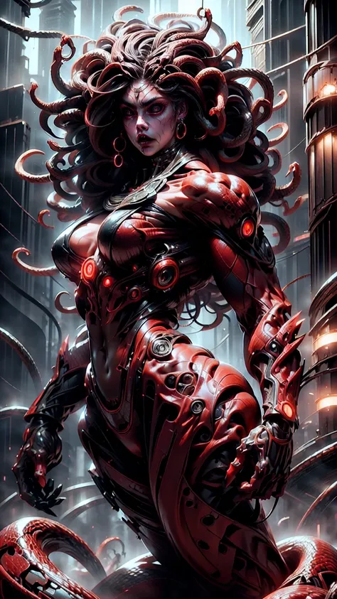 (beautiful girl:1.25), (megan fox:1.25), (young bodybuilder girl wearing cybernetic muscle suit:1.25), (medusa head with snakes for hair), carnage muscular physique, seductive face, mouth wide open carnage style, long red hair, perfect muscular body, super...