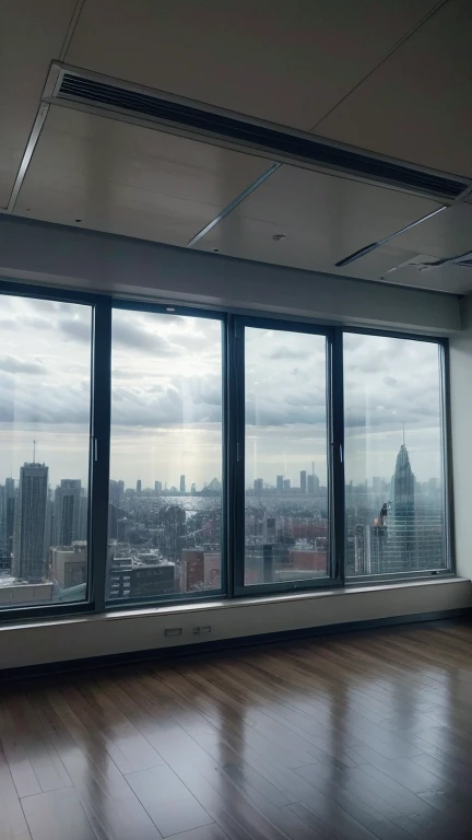 Large room at the top of a building with a computer and speakers on the floor, view towards the city, large frameless window, On a cloudy day 