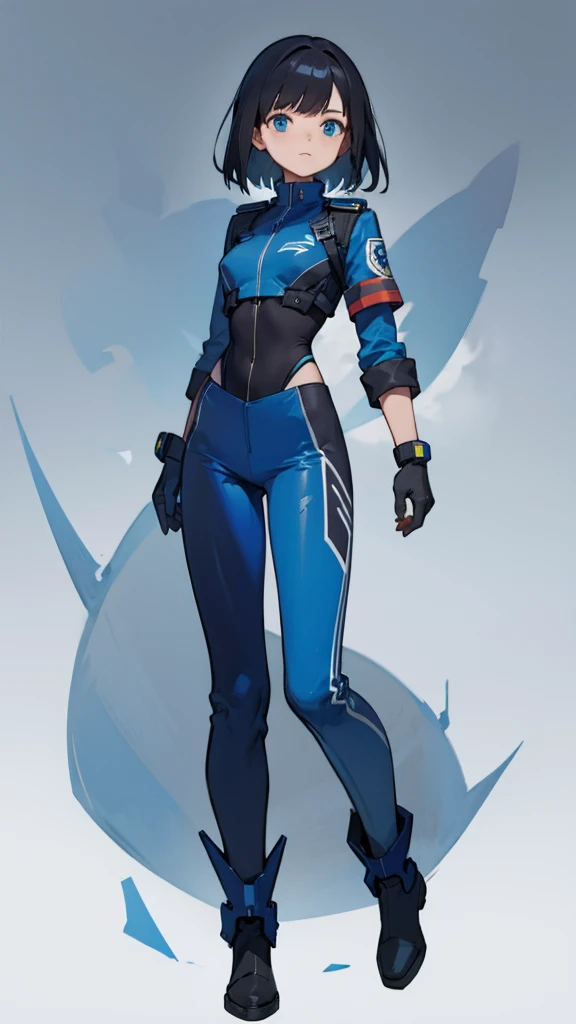 1,An android that resembles a human,Deep blue eyes,Short black hair,Dark blue uniform,Island symbol on chest,Armband on right arm,gloves,Dark blue pants for easy movement,Many side pockets,Black leather boots,badge,White background,whole body,Character por...