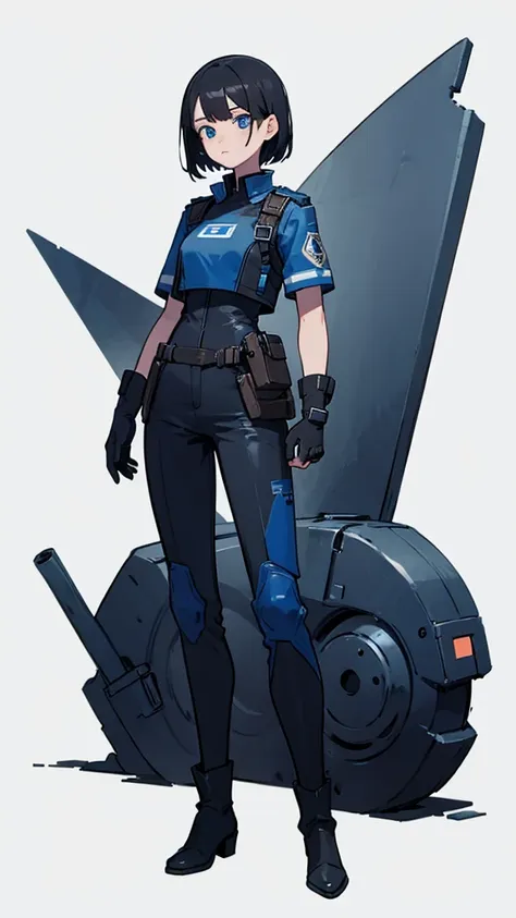 1,an android that resembles a human,deep blue eyes,short black hair,dark blue uniform,island symbol on chest,armband on right ar...