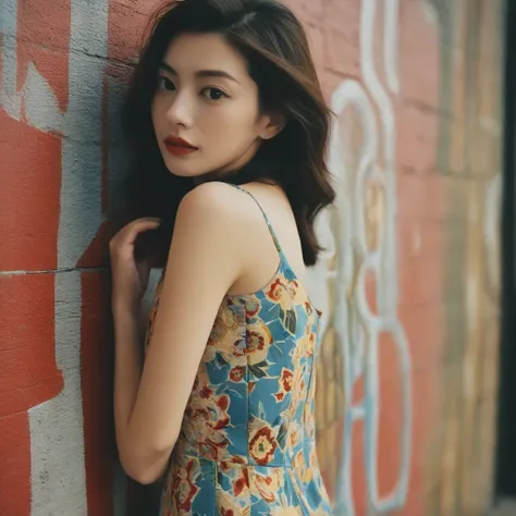 Close up portrait of a gorgeous young beautiful face Korean girls, still from the film, ((solo)), (Anne Hathaway look alike face: 0.9), in a vintage retro 60s print dress, in a vintage retro 60s print dress, wearing high heels, posing in front of a pretty ...