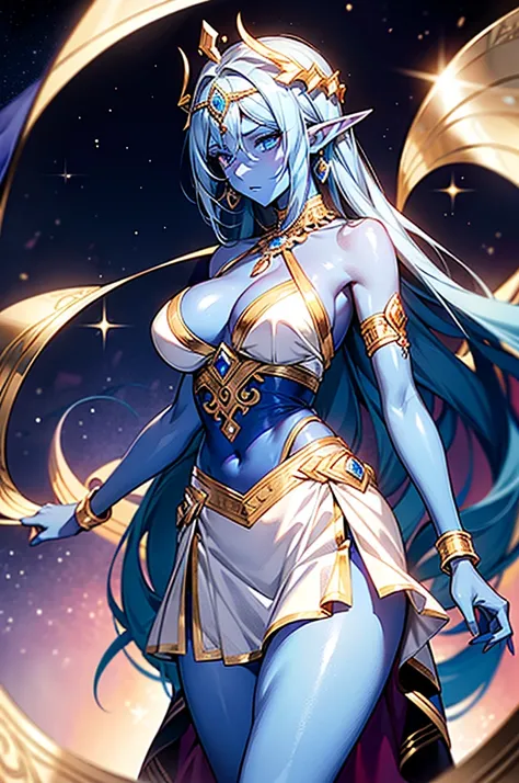 (Masterpiece, best quality, official art, 8K, high resolution), HD image, ultra-detailed, a cartoon image of a Sky Blue Skinned female Djinn with blue hair and blue eyes, a chain around her neck, Human Hybrid Djinn, (((((Her sky blue skin))))), skin genie ...