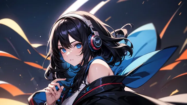 ((UHD, super detail, best quality, highres)),black hair, hair over shoulder, medium hair, blue eyes, (headphones), anime, anime style, Night Jazz