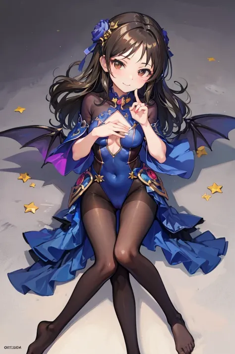 Highest quality　Highest quality　Draw a face carefully　High-definition anime-style face　Super Glowing Skin　Long black hair　Brown leotard　Golden pantyhose　Succubus　lure　smile　Show the soles of your feet　Close up of the soles of the feet