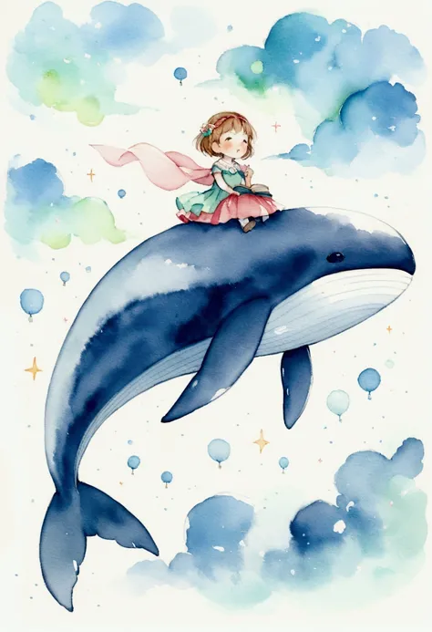 Children around 4 years old riding a whale flying in the blue sky　Picture books　Watercolor