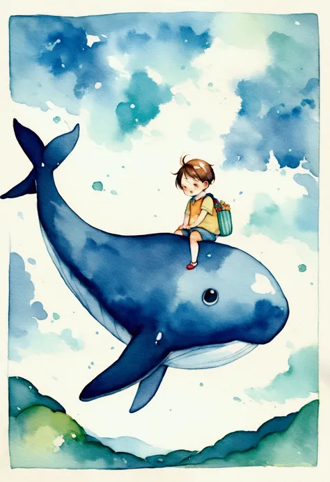 Children around 4 years old riding a whale flying in the blue sky　Picture books　Watercolor