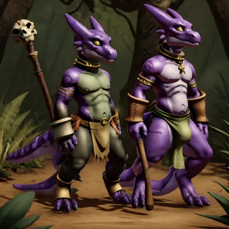 Kobold, scalie, black skin, anthro, male, kobold male, men, flat chested, flat breasts, horns, tribal tattoos, womb tattoo, tail, kobold tail, Tribal clothes, Penetrating gaze, Magic staff with animal skull ornament, cuff gold, neck cuff very thick, in a j...