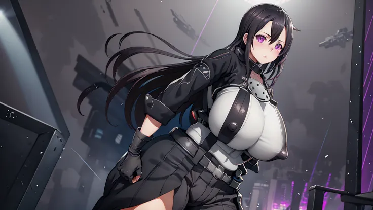 Kirito, Gun Gale Online Black Swordsman Outfit Overturned Jacket Black Shirt Silver Breastplate, blush, Super huge big breasts breast enlargement A person with purple eyes standing in a sci-fi city full-body shot illustration, ultra-detailed, HDR, vibrant ...