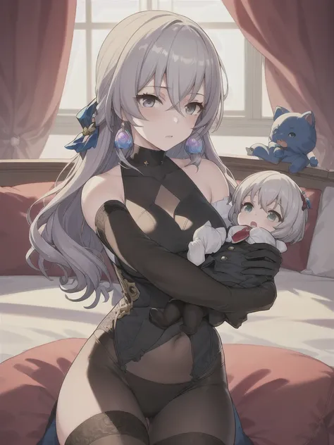 (in hotel, masterpiece, best quality:1.2), 1girl, ((shiroko (terror), holding baby, hold infant)), animal ear, waving hair, (estrus, sweet temptation, lingerie), ((elbow gloves, pattern))