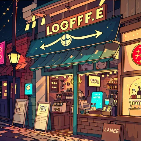 lofi aesthetic coffee shop, highlighting the illuminated sign and the lamp posts in the background.