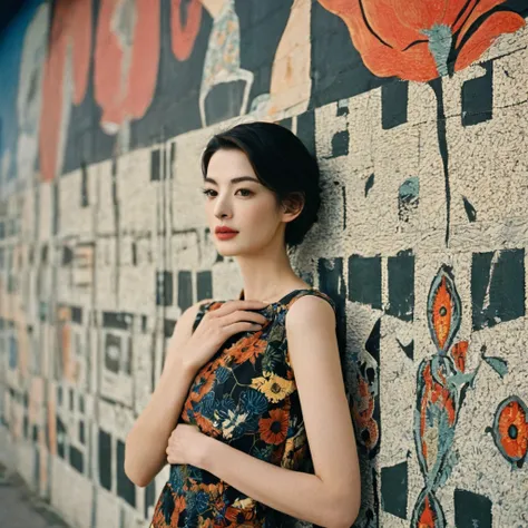 Close up portrait of a gorgeous young beautiful face Korean girls, still from the film, ((solo)), (Anne Hathaway look alike face: 0.9), in a vintage retro 60s print dress, in a vintage retro 60s print dress, wearing high heels, posing in front of a pretty ...