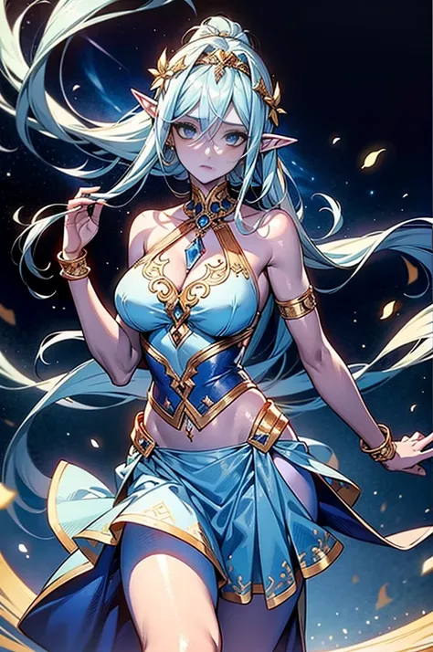 (Masterpiece, best quality, official art, 8K, high resolution), HD image, ultra-detailed, a cartoon image of a Sky Blue Skinned female Djinn with blue hair and blue eyes, a chain around her neck, Human Hybrid Djinn, (((((Her sky blue skin))))), skin genie ...