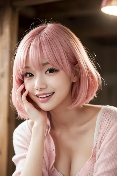 (orgasm face:1.5),(Seductively Posing :1.3),(Pink Hair :1.3),Studio Light, Depth of written boundary, thin, cute顔, smile, Beautiful details in the eyes, 19 year old Japanese, cute, voluminous curled hair, Plaza, casual