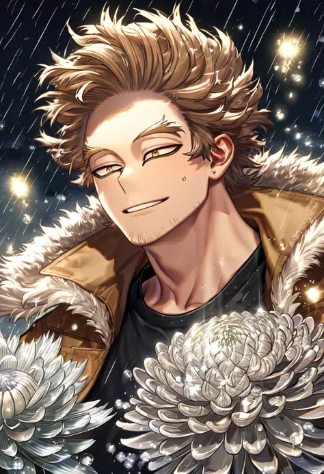 absurdres, highres, ultra detailed, HDR, master piece, best quality, extremely detailed, Hawks, ash-brown hair, expressive golden brown eyes, faint stubble, Boku No Hero Academia, solo, sexy man, handsome, smile, brown coat with fur, black tight T-shirt, f...