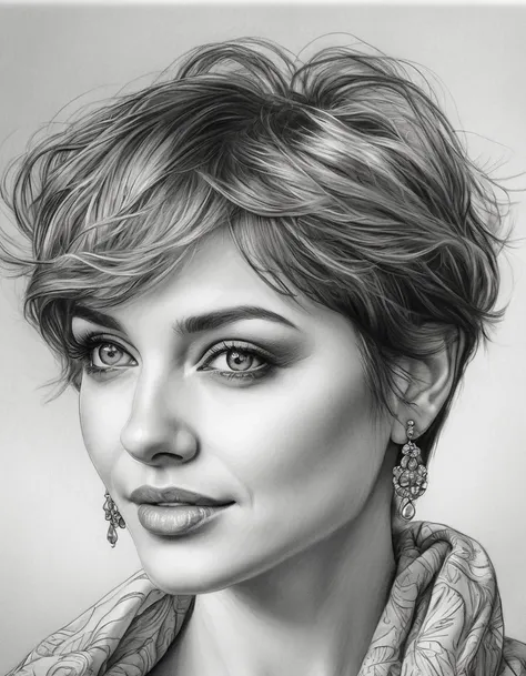 a drawing of a woman with short hair and earrings, detailed beauty portrait, detailed beautiful portrait, realistic pencil drawi...