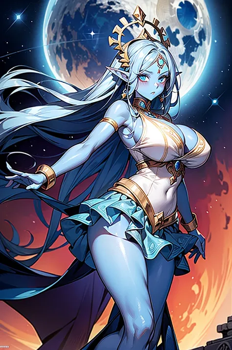 (Masterpiece, best quality, official art, 8K, high resolution), HD image, ultra-detailed, a cartoon image of a Sky Blue Skinned female Djinn with blue hair and blue eyes, a chain around her neck, Human Hybrid Djinn, (((((Her sky blue skin))))), skin genie ...