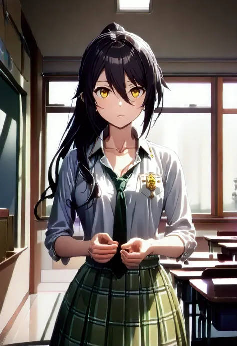 Sakurai Rase, sakuya shirase, Black Hair, Hair between the eyes, Long Hair, ponytail, (Yellow Eyes:1.5),
break collarbone, green tie, green skirt, tie, Open collar, Plaid, Plaid skirt, pleated skirt, , shirt, skirt, white shirt,
break looking at viewer, wh...