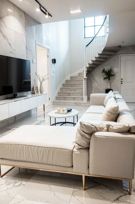 livingroom, white marble floor slatted television panel, gray walls, staircase with white marble floor beige sofa