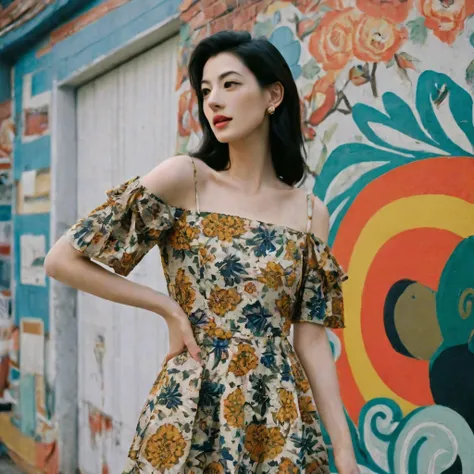 Close up portrait of a gorgeous young beautiful face Korean girls, still from the film, ((solo)), (Anne Hathaway look alike face: 0.9), in a vintage retro 60s print dress, in a vintage retro 60s print dress, wearing high heels, posing in front of a pretty ...