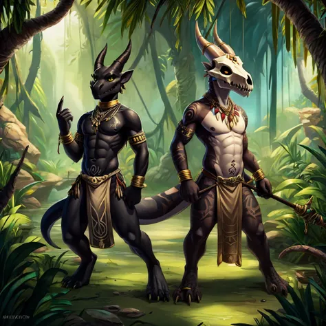 Kobold, scalie, solo, black skin, anthro, male, kobold male, men, flat chested, flat breasts, horns, tribal tattoos, womb tattoo, tail, kobold tail, Tribal clothes, Penetrating gaze, Magic staff with animal skull ornament, cuff gold, neck cuff very thick, ...