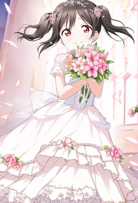 Yazawa Nico　Black Hair　Red Eye　Twin tails　Pink flower hair ornaments on both sides　White Wedding Dress　Pink flower decoration dress　Pink flower bouquet　church　smile　Smaller breasts　Shining　Tears of joy