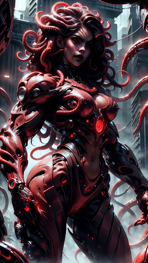 (beautiful girl:1.25), (megan fox:1.25), (young bodybuilder girl wearing cybernetic muscle suit:1.25), (medusa head with tentacles:1.25), carnage muscular physique, seductive face, mouth wide open carnage style, long red hair, perfect muscular body, super ...