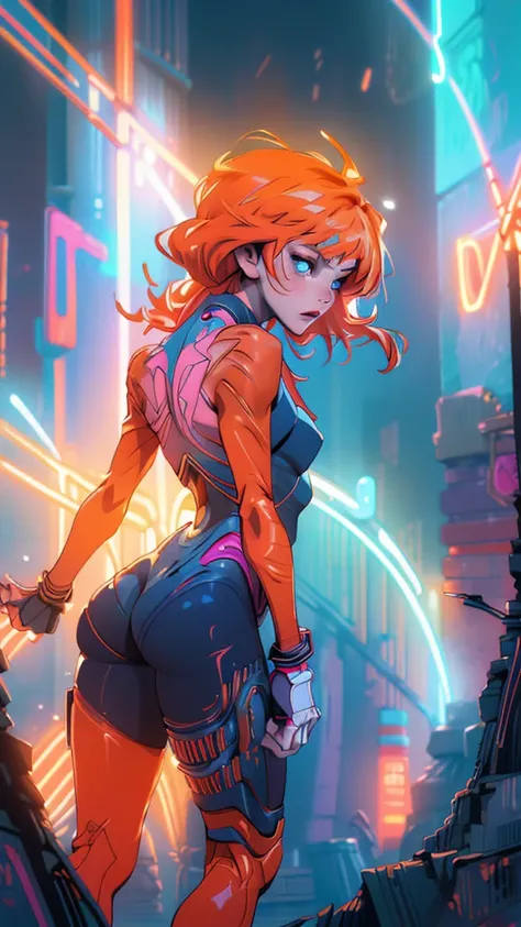 (rear view, backside view),(The best quality,A high resolution,Ultra - detailed,actual)、(mirai ciborg :1.4) , cyberpunk、big glutes、kneel down、Electronic visor attached to the face of a 12-year-old girl with emphasis on the buttockinifalda mostrando bragas ...