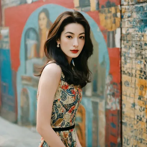 Close up portrait of a gorgeous young beautiful face Korean girls, still from the film, ((solo)), (Anne Hathaway look alike face: 0.9), in a vintage retro 60s print dress, in a vintage retro 60s print dress, wearing high heels, posing in front of a pretty ...