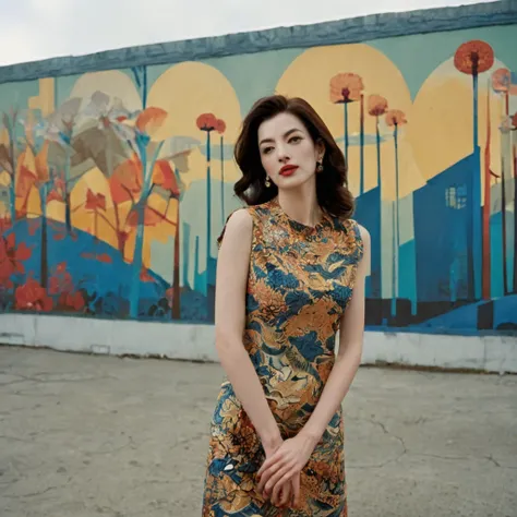 Close up portrait of a gorgeous young beautiful face Korean girls, still from the film, ((solo)), (Anne Hathaway look alike face: 0.9), in a vintage retro 60s print dress, in a vintage retro 60s print dress, wearing high heels, posing in front of a pretty ...