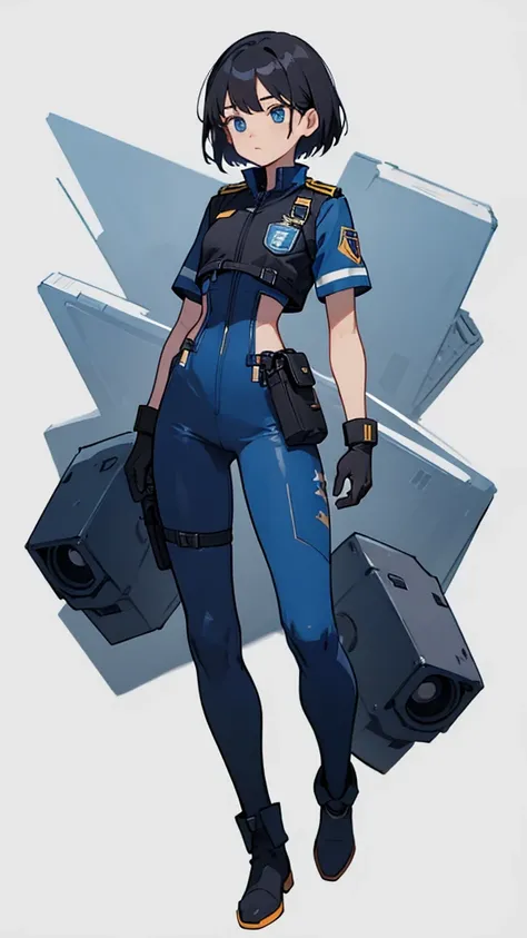 1,An android that resembles a human,Deep blue eyes,Short black hair,Dark blue uniform,Island symbol on chest,Armband on right arm,gloves,Dark blue pants for easy movement,Many side pockets,Black leather boots,badge,White background,whole body,Character por...