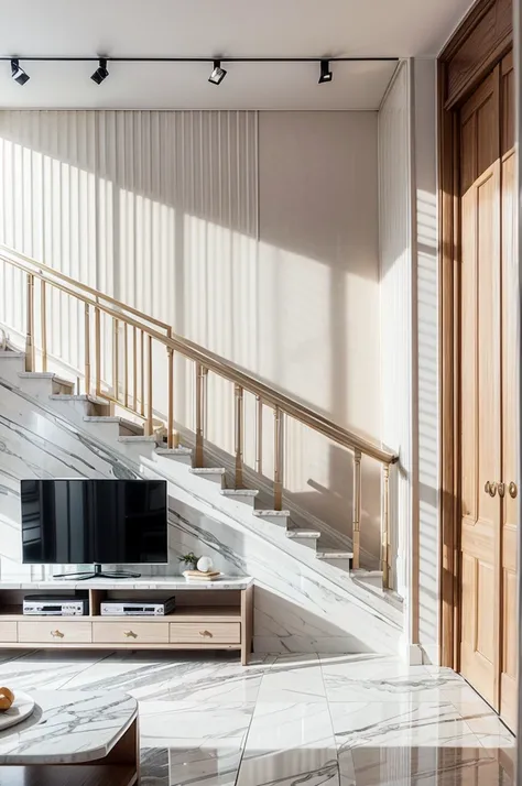 livingroom, white marble floor slatted television panel, gray walls, staircase with white marble floor beige sofa