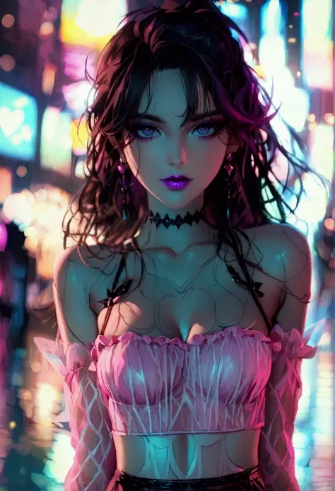 Create an image of the most stunningly gorgeous beautiful perfect sexy wicked ghost girl, Stunningly gorgeous perfect face,  (light dark makeup [[pink lipstick]], transparent off the shoulder crop top, perfect hour glass body figure, sexy mini skirt, thigh...