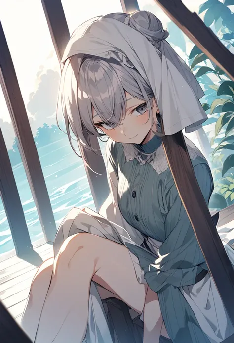 (((1 woman))), cute, Only, gray eyes, style novel, dash isekai anime, gray hair, hair with buns, Cola, (((hair covering the eyes))), , vivid colors, style novel, very detailed, yandere face, ghibli style,