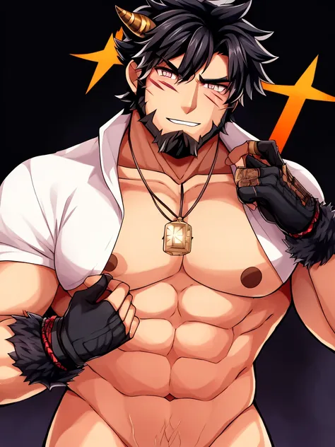 1boy,akiha_gongen_(housamo),bandaid,bandaid_on_arm,bandaid_on_face,bandaid_on_nose,bara,black_gloves,black_hair,blurry,blush,bokeh,burn_scar,character_name,dark-skinned_male,dark_skin,depth_of_field,dog_tags,facial_hair,gloves,goatee,hand_on_own_head,horns...