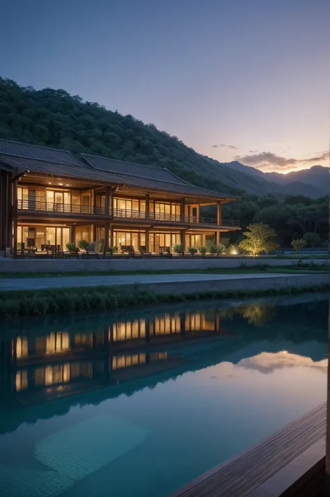 Resort with Zaha Hadid style restaurant with wood and metal texture, hotel with infinity pool, twilight with farm sunset in high quality, cattle farm, 8k UHD