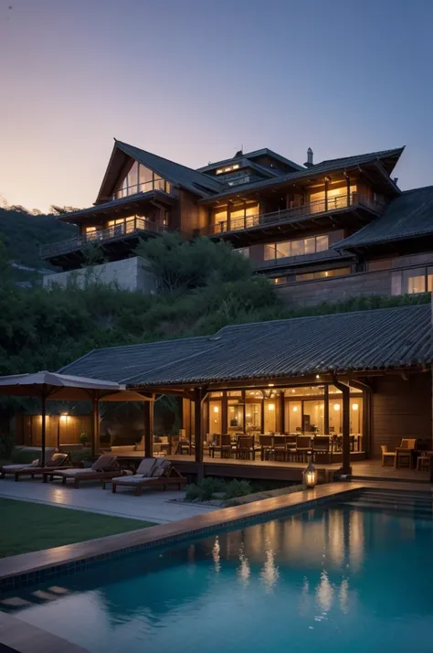 Resort with Zaha Hadid style restaurant with wood and metal texture, hotel with infinity pool, twilight with farm sunset in high quality, cattle farm, 8k UHD