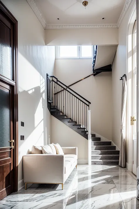 livingroom, white marble floor slatted television panel, gray walls, staircase with white marble floor beige sofa