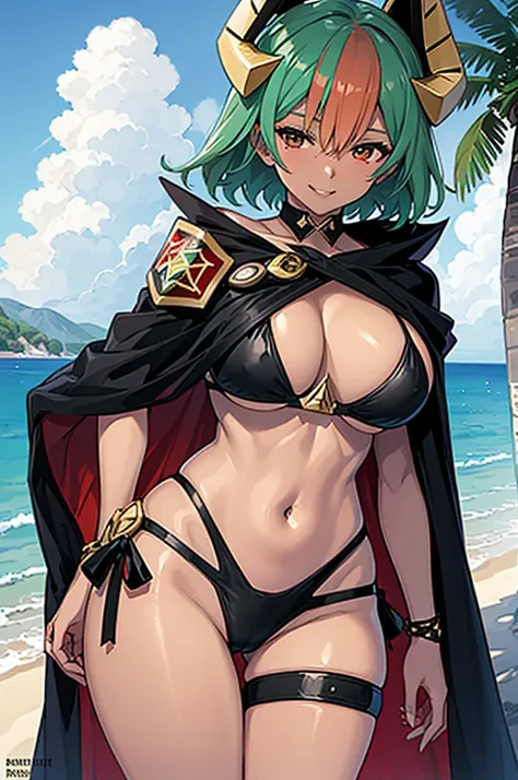 Masterpiece, Best Quality, one woman, beach, sunny day, black swim suit, black bikini, tan girl, black skin, green hair, horns, green eyes, big breast, large hips, smile, beatiful girl, enormeus breast, cape, 