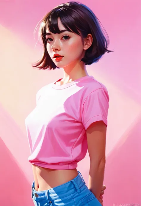 a closeup of a woman wearing a pink shirt and blue shorts, realistic painting cute girl, pink girl, beautiful digital painting, digital art Ilia Kuvshinov, Ilia Kuvshinov. 4k, beautiful digital painting, Bright digital painting, beautiful character paintin...